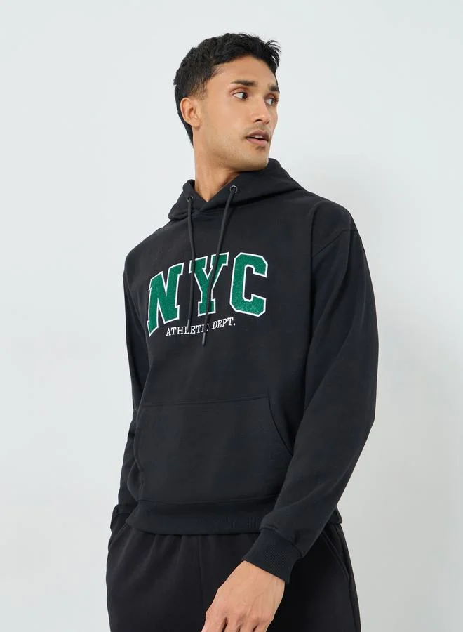 Styli Men Black Embroidered NYC Fleece Hoodie